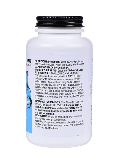Back view of Climate Smooth Soldering Paste Lead Free Flux Non Acid Brushable At Extreme Temperatures All Year Long with caution label.