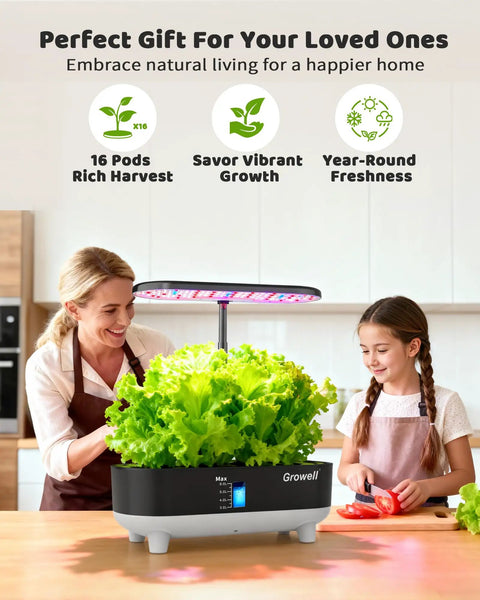 Mother and daughter using a 16 Pod Vertical Hydroponics Grow System for Indoor Garden Dope Kit With LED Grow Light, black unit