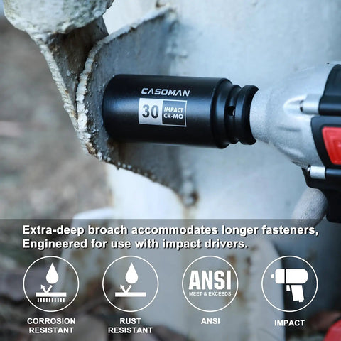 One Half Inch Drive Deep Axle Nut Impact Socket Set 12 Point Metric CR MO Heavy Duty 30 mm on impact wrench in use