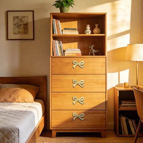 Wooden dresser with Gold Bow Cabinet Knob Set For Dresser And Cabinets, 6 Pack Drawer Pulls With Screws, Vintage Brass Finish