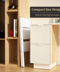 Lightweight Aluminum 3 Step Folding Step Stool With Wide Anti Slip Pedals, 330 Lbs Capacity, stored flat beside a cabinet