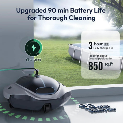 Automatic Cordless Pool Vacuum With Beast Mode Suction And Smart Navigation For Above Ground Flat Pools Up To 850 Sq Ft charging on a lawn.