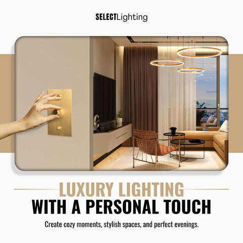 One Gang Solid Brass Rotary Dimmer Switch With Three Way And Single Pole Compatibility Satin Brass Finish Smooth Dimming For Modern And Classic Rooms Includes Knob Faceplate And Module installed in a modern living room