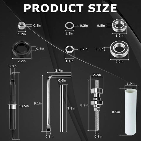 Top Shelf Washer Bearing Swap Kit With Oem Tub Seal And Heavy Duty Installation Tool dimensions and components for Whirlpool Cabrio Maytag Bravos.