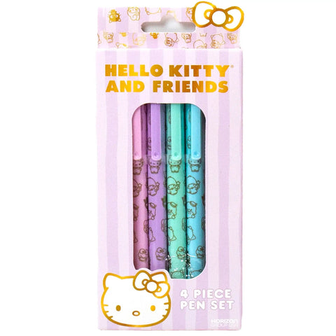 Kawaii Sanrio Pen Set With Four Color Ballpoint Pens Featuring My Melody And Kuromi Glitter Gold Foil Accents in packaging