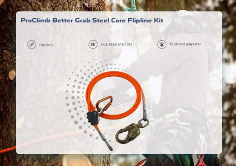 USA Made Flip Line Kit Pro Grade One Half Inch By Eight Feet With Better Grab Adjuster and Steel Swivel, shown on tree.