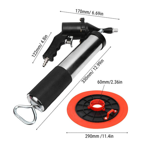 Pneumatic Grease Gun Kit With 18 Inch Flexible Hose And 5.5 Inch Extension Tube Heavy Duty Grip shown with dimensions