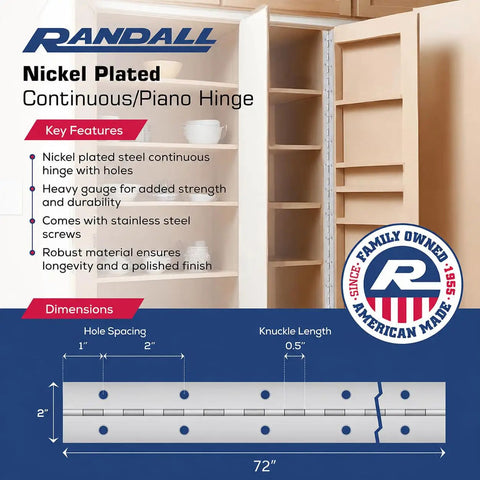 Hella Sturdy Six Foot Continuous Piano Hinge With Slick Nickel Plating And.040 Heavy Gauge Steel Build Includes All Pre Drilled Hardware For Cabinet Doors Tool Chests And Workbench Lids Made In Usa displayed in cabinet.