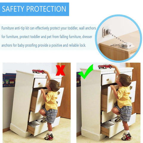 Comparison of dresser with and without No Drill Anti Tip Furniture Anchor Kit With 3M Adhesive Backing And 10 Inch Adjustable Steel Cable Straps