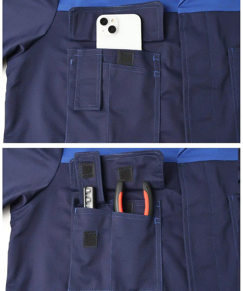 Close-up of Mens Lab Coat For DIY Workshop Long Jacket With Durable Twill, showing multiple pockets storing phone and tools.