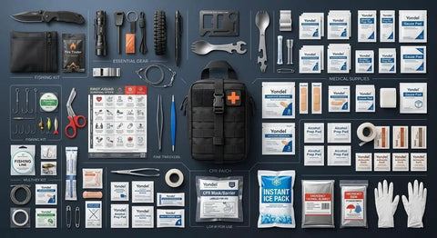 Prepper Ready 250 Piece Survival Kit With First Aid Gear In MOLLE Pouch Including Fire Starter Flashlight CPR Mask Fishing Kit