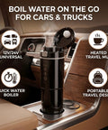 Portable Car Electric Kettle With Smart Temp Control fits standard holders, heats water on the go, sleek black design, ideal for road trips.