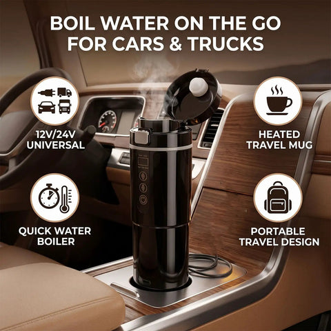 Portable Car Electric Kettle With Smart Temp Control fits standard holders, heats water on the go, sleek black design, ideal for road trips.