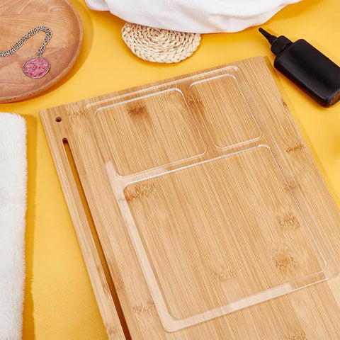 Ready To Rock 3 Pocket Router Template And Valet Tray, Clear Acrylic Rectangle inlay guide on bamboo base for woodworking.