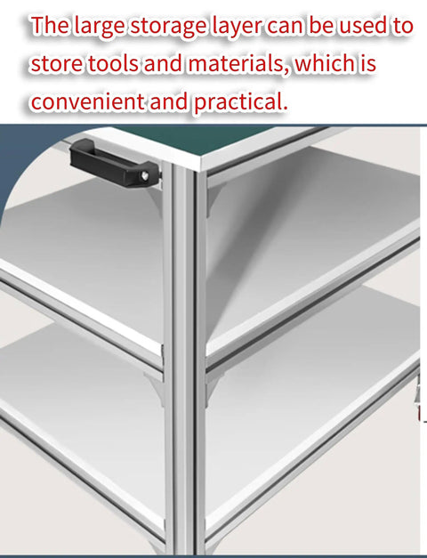 Heavy Duty Aluminum ESD Mobile Work Cart With Anti Static Rolling Bench And Locking Wheels For Electronics Assembly Or Home Garage Project That Moves Smooth Daily showing large storage layer for tools.