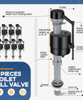 Heavy Duty Eight Count Toilet Fill Valve Replacement Kit Black Adjustable Flushing Tank Refill Stopper Assembly details with labels.