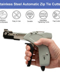 Smooth Operator Metal Zip Tie Cutter And Stainless Steel Cable Gun With Four Level Adjustments and No Hassle Auto Cut in hand.