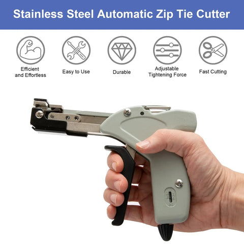 Smooth Operator Metal Zip Tie Cutter And Stainless Steel Cable Gun With Four Level Adjustments and No Hassle Auto Cut in hand.