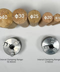 Different diameter wood pieces with quick change drill chuck showcasing clamping ranges for Badass Precision Desktop Mini Lathe Kit.