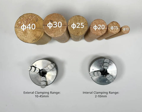 Different diameter wood pieces with quick change drill chuck showcasing clamping ranges for Badass Precision Desktop Mini Lathe Kit.
