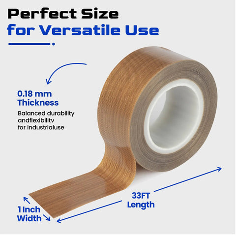 PTFE Teflon Tape For Heat Sealers High Temp Nonstick Sealing Strip 1 Inch By 33 Ft 0.18mm Thick  tape shown in roll with label