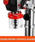 13 Inch Heavy Duty Floor Drill Press With 7 Point 5 Amp Motor And Rock Solid Cast Iron Base, telescoping spindle guard detail.