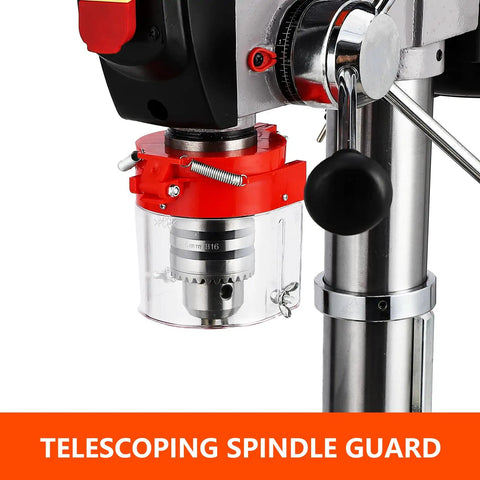Heavy Duty 13 Inch Floor Drill Press With Variable Speed Control Dead Serious Cast Iron Base 7.5 Amp Motor with telescoping spindle guard.