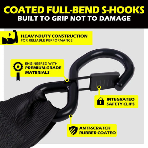 Coated full-bend S-hooks of Heavy Duty Retractable Ratchet Straps Two Pack Tough As Nails Design with safety clips and rubber coating.