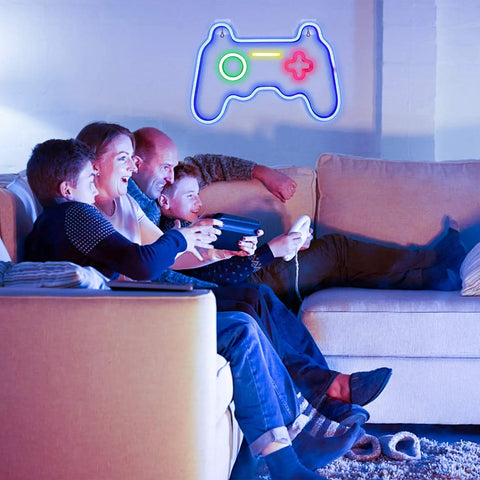 Family gaming under LED Gamer Neon Sign For Game Room Decor, 16x11 Inch Neon Wall Light With Acrylic Backboard, USB Powered 5V Low Voltage
