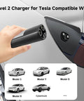 Built Like A Tank Level 2 Ev Charger For Tesla Packing 32 Amps For Quick Home Charging Station use with NACS plug in hand.