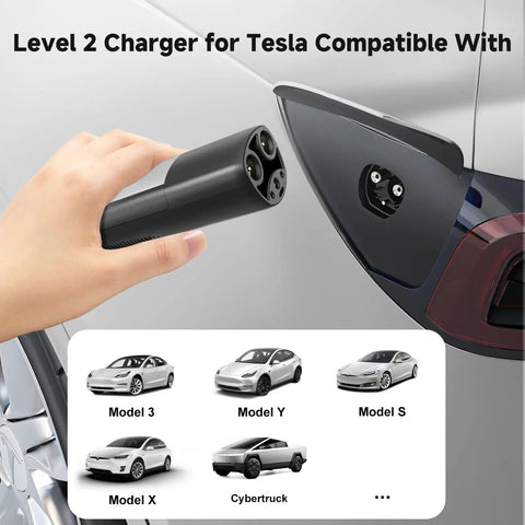 Built Like A Tank Level 2 Ev Charger For Tesla Packing 32 Amps For Quick Home Charging Station use with NACS plug in hand.