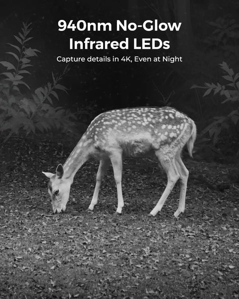 4K Dual Lens Cellular Security Camera With 4G LTE SIM Card Included, capturing deer with no-glow IR night vision in forest.