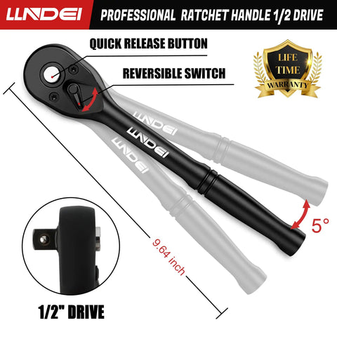 1/2 Inch Drive Impact Socket Set Metric with 10-Inch 72-Tooth Quick-Release Ratchet, close-up of quick release button and reversible switch
