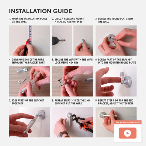Installation guide for Wire Curtain Hanging System With 16Ft Stainless Steel Room Divider Rod And 24 Alligator Clips.
