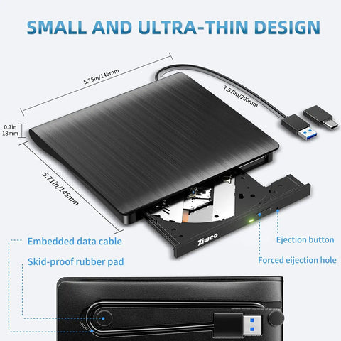 Portable External CD DVD Drive With USB 3.0 And USB C, Read Write ROM Burner For Laptops Desktops Windows Mac Linux, Plug And Play Optical Drive, Slim On The Go CD DVD Player, 146mm x 145mm black metal body with attached USB cables