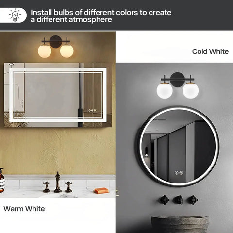 Black And Gold Two Light Vanity Light Fixtures With Globe Milky Frosted Glass For Bathroom Over Mirror, Cold and Warm White Options