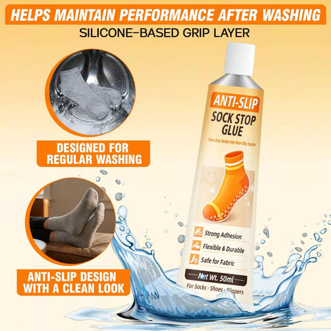 Anti-slip sock stop glue tube, 50ml, with silicone-based grip layer, suitable for regular washing, sock design illustration visible.