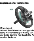 Beefed Up Hardened Steel Spur Gear 48P 90T for 1/10 RC cars showing installation and CNC machined features