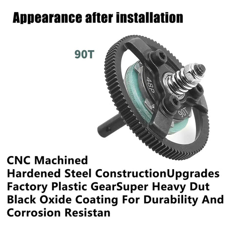 Beefed Up Hardened Steel Spur Gear 48P 90T for 1/10 RC cars showing installation and CNC machined features