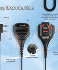 Diagram showing features of Shoulder Microphone For Walkie Talkies 5 Pack Rugged Pro Grade Headset Mics With K Head 2 Pin Plug Compatible