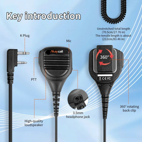 Diagram showing features of Shoulder Microphone For Walkie Talkies 5 Pack Rugged Pro Grade Headset Mics With K Head 2 Pin Plug Compatible