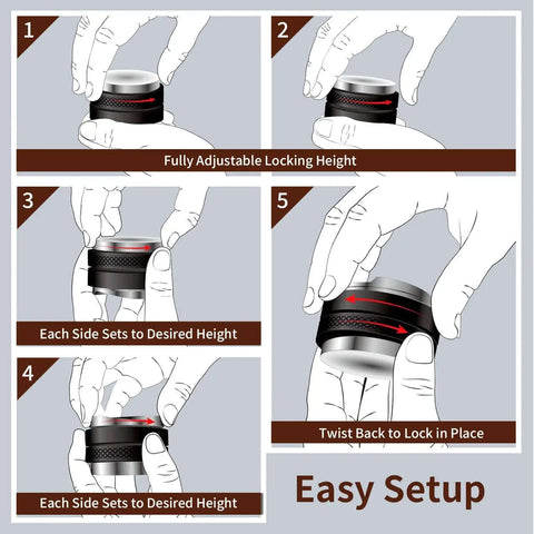 Illustration of Heavy Duty 51mm Espresso Accessories Kit With Dual Head Coffee Distributor and Tamper WDT Tool showing setup guide.