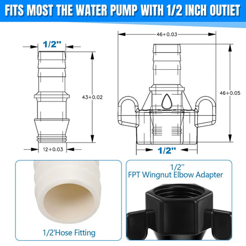 Six Pack 1/2 Inch Barb Swivel Adapter For RV Water Pumps, 14 NPT To 1/2 Inch Female Threaded PEX Fittings With Thread Seal Tape, 360 Degree Rotating Hose Connector For Easy Install And Leak Free Performance, 1/2 inch nylon wing-nut adapter dimensions