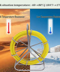 Heavy Duty Fiberglass Fish Tape 425 Ft 6MM Duct Rodder With Brake, shown with desert and snow for temperature resistance
