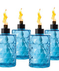 4 Pack Glass Table Top Torches With Wick And Cap, Multicolor Citronella Lanterns For Outdoor Yard Patio Deck Garden, set of blue glass torches