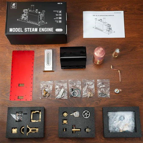 Mini Live Steam Engine And Boiler Model Kit For Adults And Teens Reversible Reciprocating Single Cylinder Educational Science Project Desk Decor And STEM Teaching Tool parts laid out, brass and metal