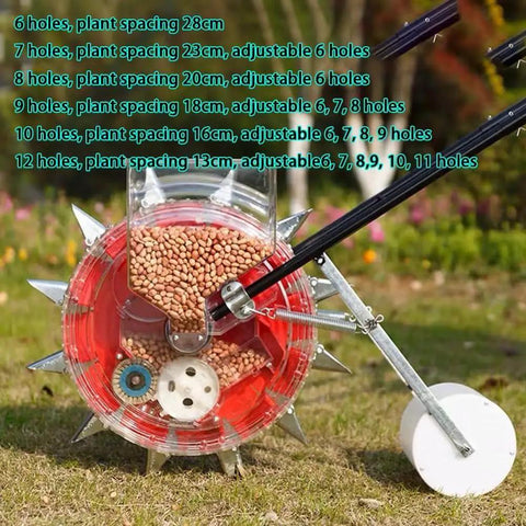 Hand Push Garden Roller Seeder Dispenser Spreader for Terraced Farms and Home Gardens with adjustable plant spacing