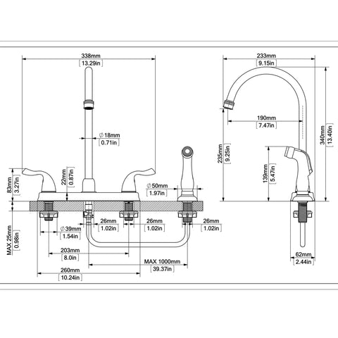 Technical diagram of Gold Kitchen Faucet With Side Sprayer And High Pressure Sprayer 8 Inch High Arc 360 Degree Rotating Spout Centerset RV Sink Faucet For 3 Or 4 Hole Mounts Includes Separate Water Hose