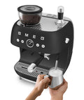 Top Shelf Semi Automatic Espresso Machine In Matte Black With Integrated Conical Burr Grinder And Adjustable Grind Settings for milk frothing.