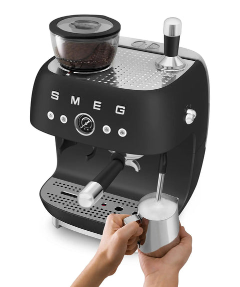 Top Shelf Semi Automatic Espresso Machine In Matte Black With Integrated Conical Burr Grinder And Adjustable Grind Settings for milk frothing.